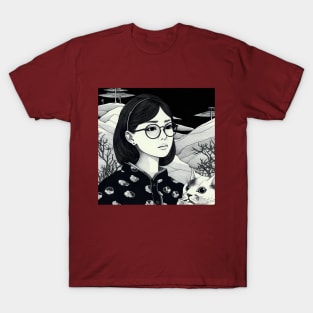 Black and white portrait of woman with cat T-Shirt